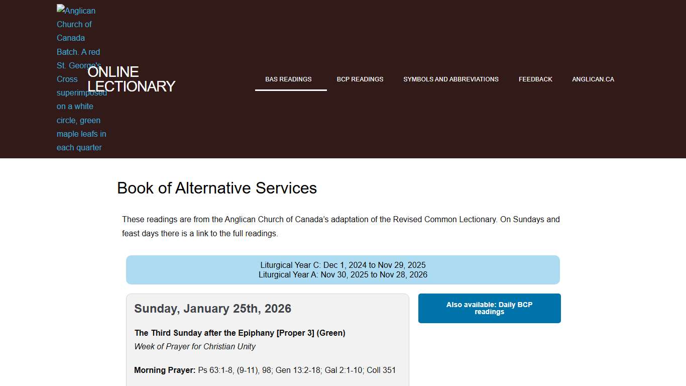 Anglican Church of Canada Online lectionary – Book of Alternative Services
