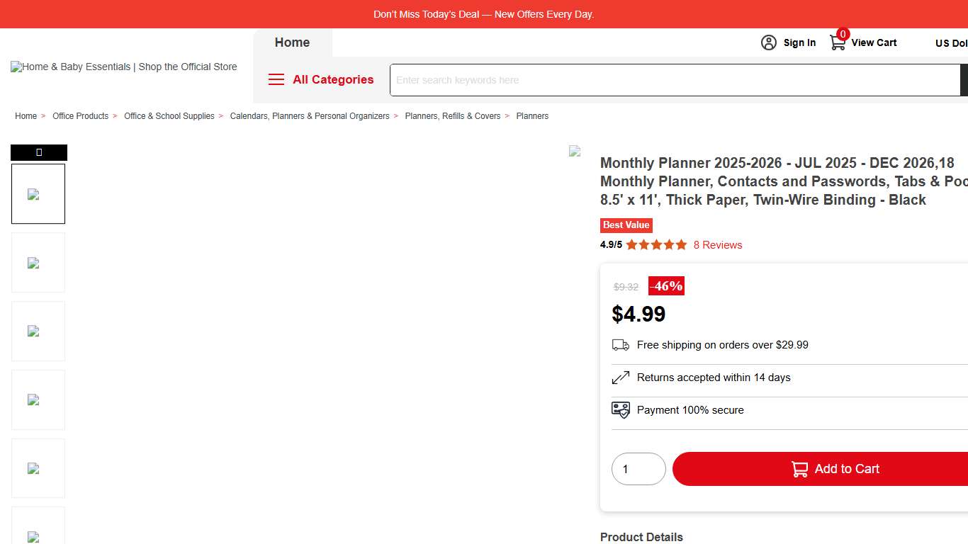 Monthly Planner 2025-2026 - JUL 2025 - DEC 2026,18 Monthly Planner, Contacts and Passwords, Tabs & Pocket 8.5 x 11, Thick Paper, Twin-Wire Binding - Black