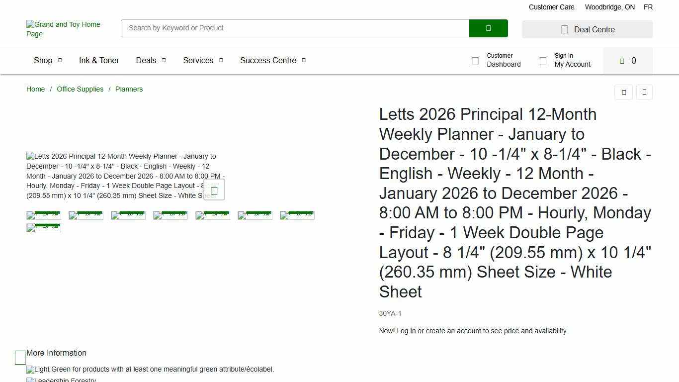 Letts 2026 Principal 12-Month Weekly Planner - January to December - 10 -1/4" x 8-1/4" - Black - English - Weekly - 12 Month - January 2026 to December 2026 - 8:00 AM to 8:00 PM - Hourly, Monday - Friday - 1 Week Double Page Layout - 8 1/4" (209.55 mm) x 10 1/4" (260.35 mm) Sheet Size - White Sheet Grand & Toy